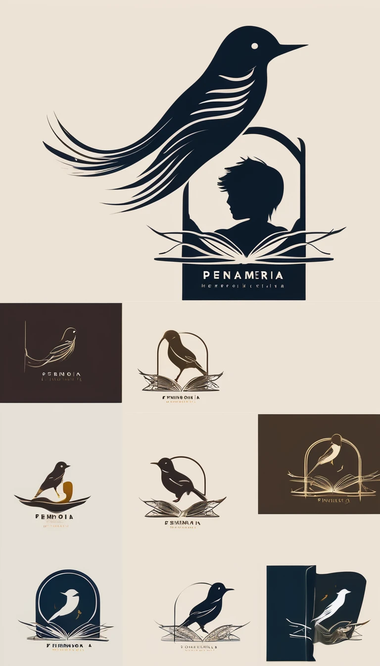A minimal, high quality, modern, simple, cinematic symbol design for the brand “Penamemoria". The logotype must be a simple, magical feather and a boy playing acoustic guitar. The logo must convey a sense of music, stories and dreams. Logo design impressed on a book cover. Minimalistic logo