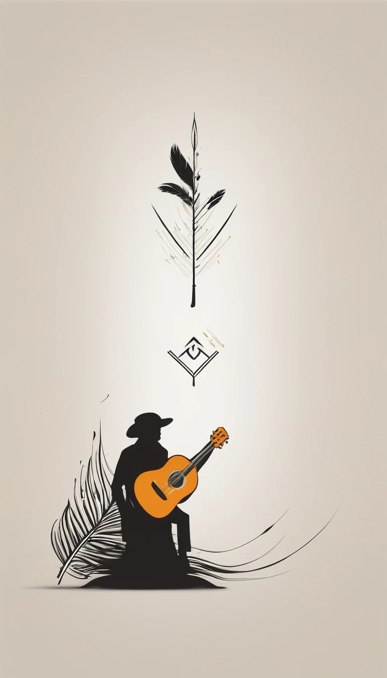 A minimal, high quality, modern, simple, cinematic symbol design for the brand “Penamemoria". The logotype must be a simple, magical feather and a boy playing acoustic guitar. The logo must convey a sense of music, stories and dreams. Logo design impressed on a book cover. Minimalistic logo