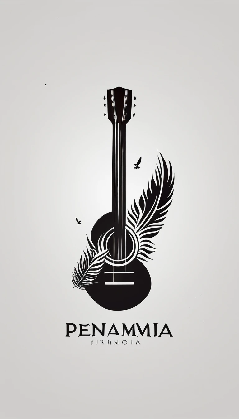 A minimal, high quality, modern, simple, cinematic symbol design for the brand “Penamemoria". The logotype must be a simple, magical feather and a boy playing acoustic guitar. The logo must convey a sense of music, stories and dreams. Logo design impressed on a book cover. Minimalistic logo