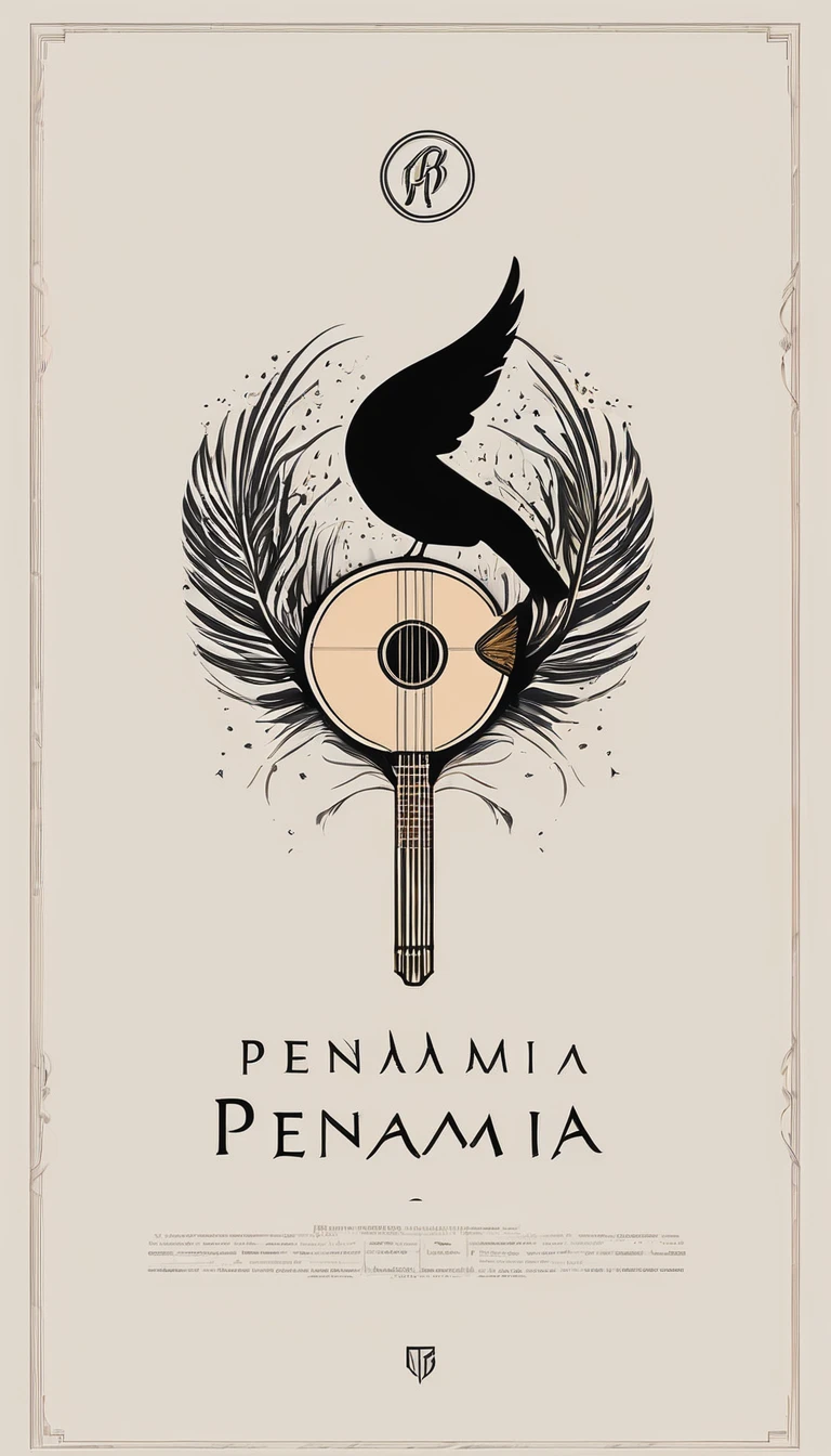 A minimal, high quality, modern, simple, cinematic symbol design for the brand “Penamemoria". The logotype must be a simple, magical feather and a boy playing acoustic guitar. The logo must convey a sense of music, stories and dreams. Logo design impressed on a book cover. Minimalistic logo