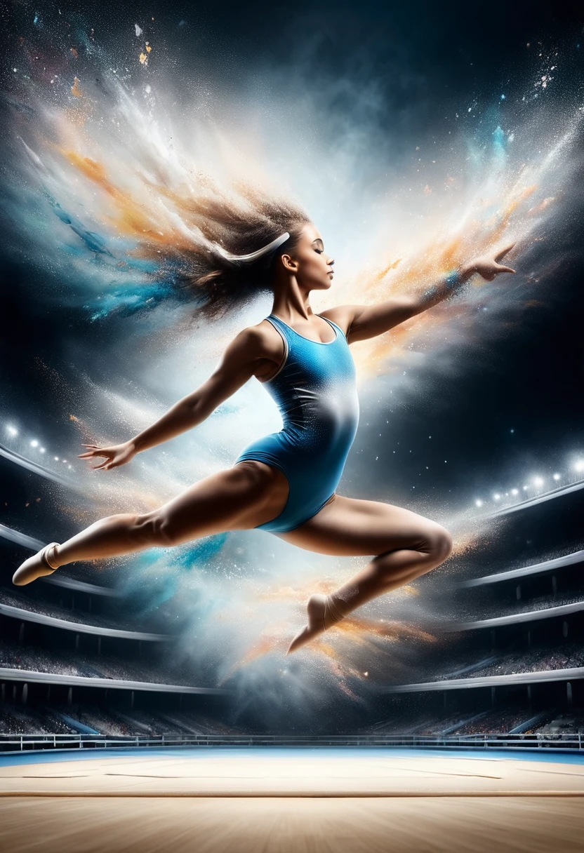  masterpiece ultra haute résolution avec la meilleure qualité, capturer l’essence de la photographie sportive sincère,(( Le sujet est une gymnaste féminine dans une salle de gymnastique)),  Sa peau doit avoir une texture ultra réaliste, avec des yeux brillants et des cheveux qui présentent également une texture réaliste, Elle est en train d’effectuer un saut de gymnastique, son corps capturé dans un arc dynamique et gracieux alors qu’elle est à l'horizontale au dessus du sol. L’arrière-plan montre un stade vide la nuit, Capturez-la de la tête aux cuisses, la présentant comme une gymnaste puissante et élégante avec un corps artistique. (((Exactitude anatomique))), (((parfait_des doigts))), (((parfait_Jambes))), (((parfait_mains))), ((parfait_Composition, parfait_conception, parfait_mise en page, parfait_détail, ultra_détailed)), ((améliorer_Tous, réparer_tout)), Plus de détails, améliorer, ((Chef-d’œuvre en résolution maximale de 16K):1.6),((Doux_couleur_photographie:)1.5), ((Ultra-détaillé):1.4),((Images fixes et angles dynamiques dignes d’un film):1.3), ((Flou de mouvement):1.1)  
