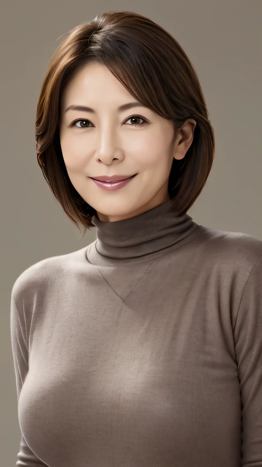 (Highest quality,8K,masterpiece),Mature Japanese Woman,sexy,Age 35,ash brown short hair,((Big Breasts))turtleneck、smile、gray plain background、Surreal、