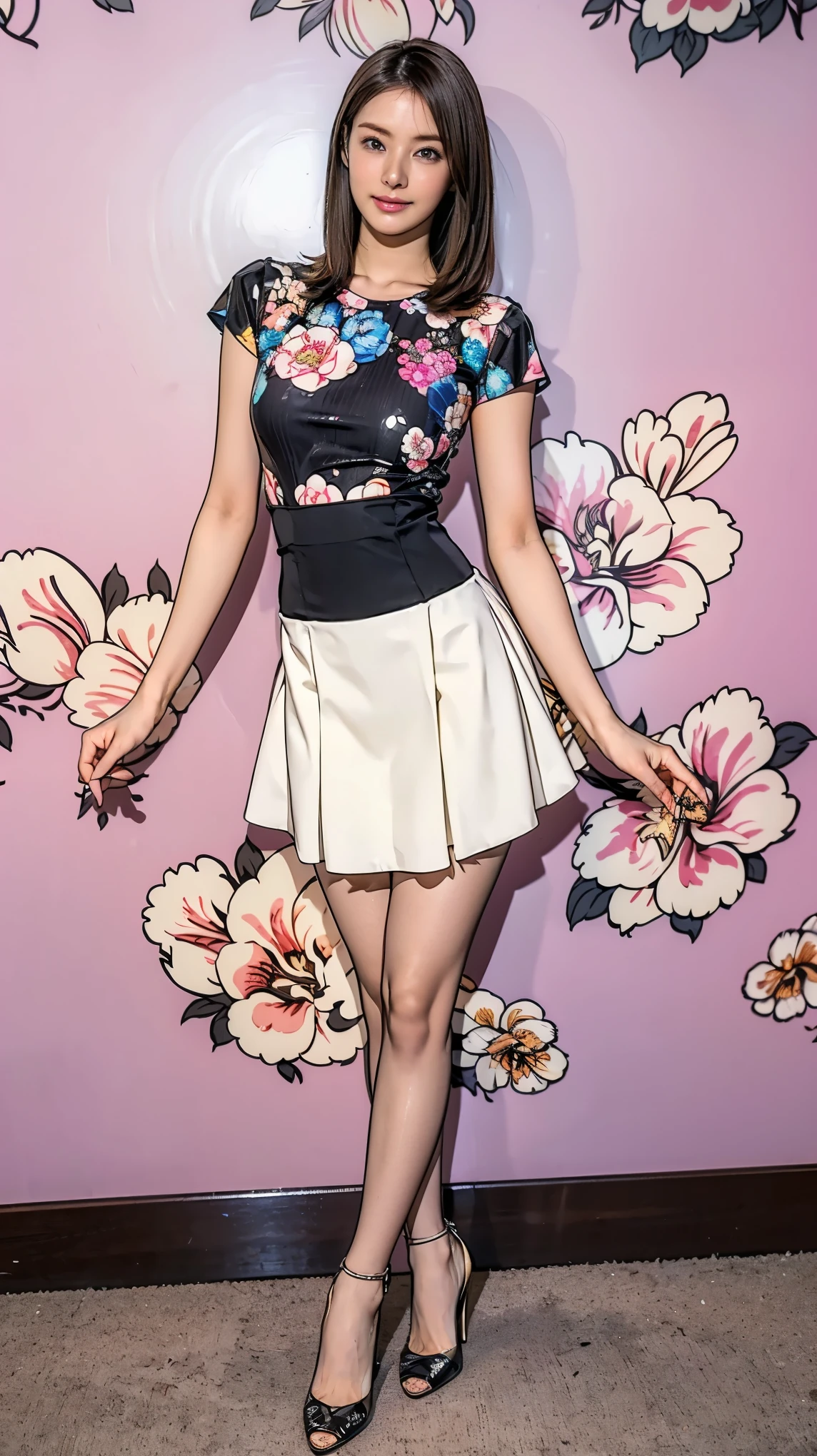 ((masterpiece)),(((Highest quality))),Thin thighs,Long legs,whole body:1.5,(One Girl:1.3),(Black pantyhose and thick pointy heels:1.3),(Wearing a mid-length flared skirt dress with a floral stripe pattern:1.2),Short blonde:1.2、Model pose,