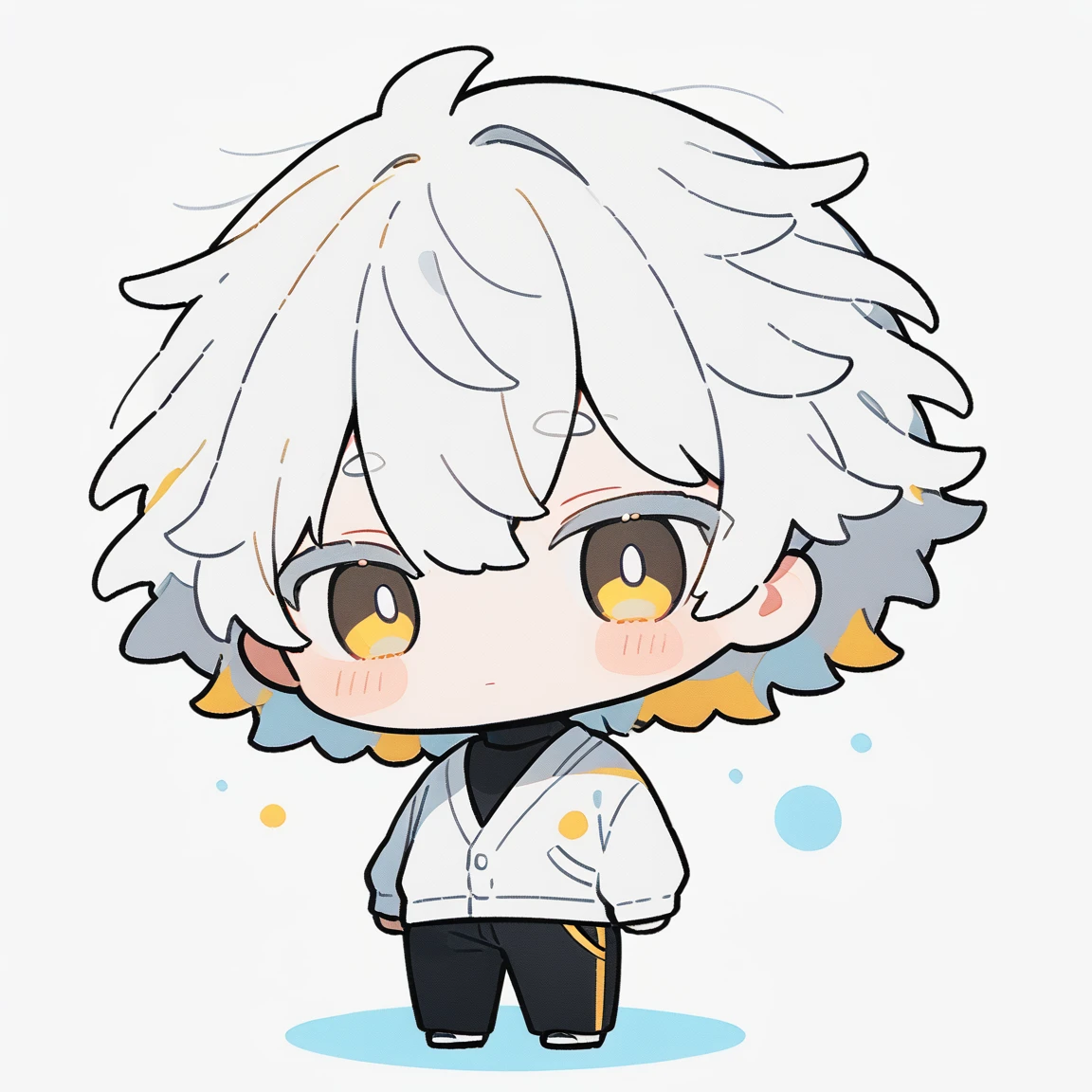 {{full body, dutch angle}} {{Artist: kame_(kamepan44231)}} 1boy, chibi, white hair, short hair, yellow eyes, white cardigan, white turtleneck, balck pants, white background, standing