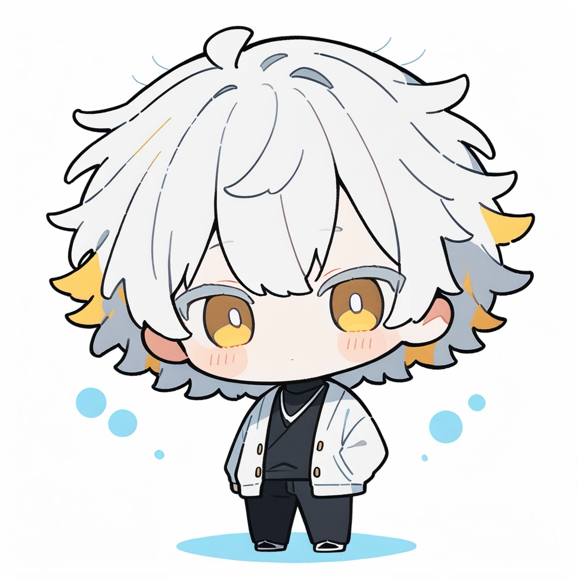 {{full body, dutch angle}} {{Artist: kame_(kamepan44231)}} 1boy, chibi, white hair, short hair, yellow eyes, white cardigan, white turtleneck, balck pants, white background, standing