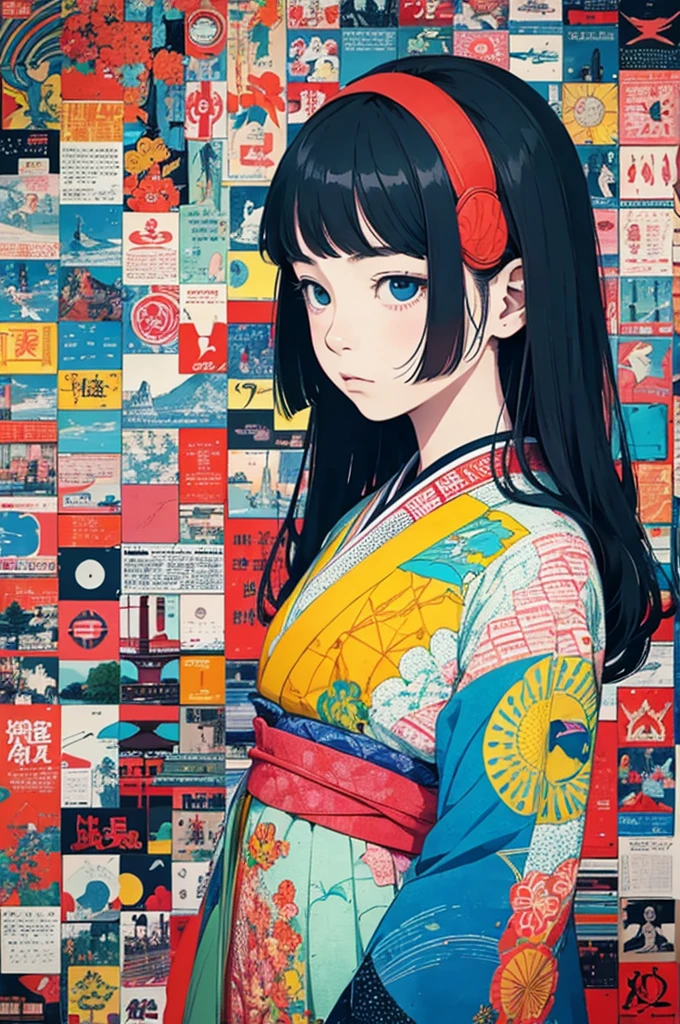 flat color,there is a girl standing in front of a collage of pictures,collage artwork, nostalgic melancholic artwork, collage art, japanese magazine collage, inspired by Victo Ngai cmyk palette, collage art background, a contemporary artistic collage,