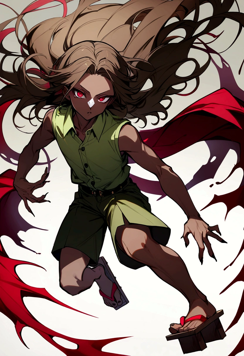 young male, demonic traits, has an unparalleled beauty, long wavy brown hair, ruby red eyes, BROWN SKIN, parts,diamond face, slightly small and oval lips, splattered nose, medium complexion, olive green sleeveless button down shirt, shorts and geta shoes.