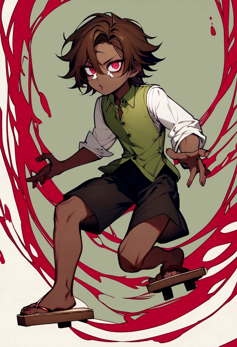 young male, demonic traits, has an unparalleled beauty, long wavy brown hair, ruby red eyes, BROWN SKIN, parts,diamond face, slightly small and oval lips, splattered nose, medium complexion, olive green sleeveless button down shirt, shorts and geta shoes.