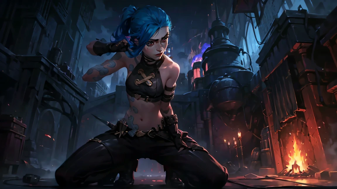 (masterpiece, Best quality), 1 girl, portrait, very sexy, crazy look, smile, crying, pink tears, tears on the cheeks, tears from eyes, full length (full body 1.1.), очень feminine, fighting stance, battle, fire, explosions, burning city, Beautiful waist, gloomy composition, flame, fire, Flash, very beautiful, feminine, long hair, hair braided in long braids, very sexy, tight leather pants, emphasis on the eyes, emphasis on the face, Beautiful face, Hands, Hair, Haired ponytail, red purple eyes, Джинкс crying, Blue cloud tattoo, (masterpiece, Best quality), Side lighting, beautiful detailed eyes, crazy face), (Best quality), (masterpiece), magic photography, Spectacular lighting, Photorealism, ultra detailed, интимная portraitная композиция, 1. 4,8 k UHD, aesthetic, Cd., A high resolution, 8 k, better lighting, Best shade, Ultra-HD, A high resolution, sharp focus, Complex background, Cinematic lighting, ((Landscape view)), 4K block, (better lighting), ((Cinematic lighting)),