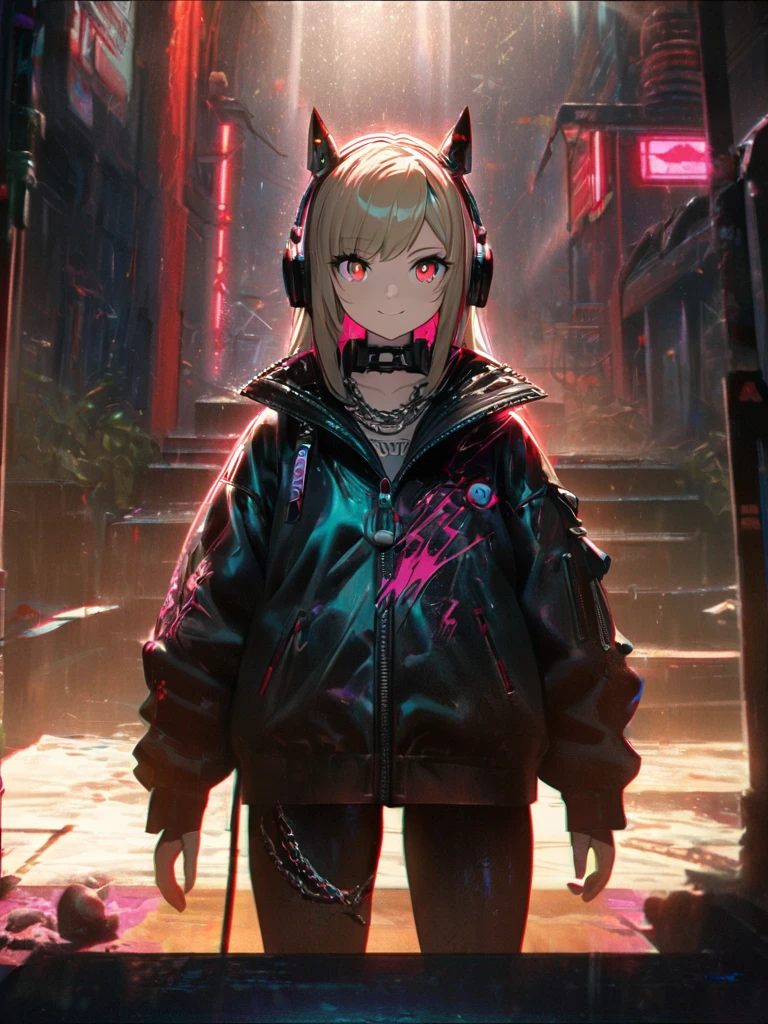 1 Girl, chromatic aberration, Written boundary depth, Soft Light, masterpiece, Highest quality, complicated, Tone Mapping, Very detailed, Art Station, Concept Art, Smooth, Clear focus, Dramatic lighting, Very detailed artwork, movie, super practical painting, Art Station's trending, 8K, Incredible Shadows, practical, (Very detailed background:1.0), whole body, View, Viewers, Very detailed portrait of one girl 1, standing on street corner, Heavy rain and lightning、Dark Sky, neon and cyber punk background, she is dressed in punk clothing with silver chains and silver spikes, Her hair was dyed light brown.....,The middle part is black, She is wearing headphones, Detailed red eyes with clear pupils, Ominous aura of light, smile, punk, ciber punk, Backlight.Fashionable clothes、No knowledge of horses'tail、Dress code: casual,Her hair is tied back with a pretty ribbon..