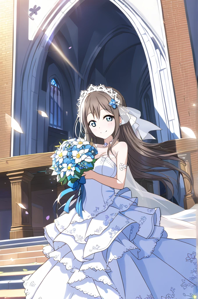 Sakurazaka Shizuku Dark brown hair Long Hair Light blue eyes whole body White Wedding Dress High quality Light blue flower bouquet smile Light blue flower decoration Large breasts Light blue floral hair ornament Outside the church Sunny sky Shining
