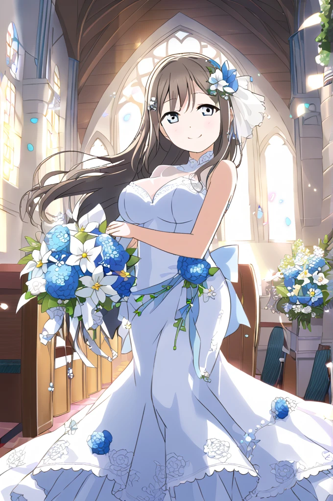 Sakurazaka Shizuku　Dark brown hair　Long Hair　Light blue eyes　whole body　White Wedding Dress　High quality　Light blue flower bouquet　smile　Light blue flower decoration　Large breasts　Light blue floral hair ornament　Outside the church　Sunny sky　Shining