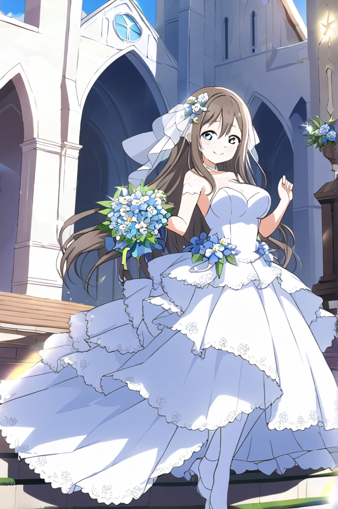 Sakurazaka Shizuku　Dark brown hair　Long Hair　Light blue eyes　whole body　White Wedding Dress　High quality　Light blue flower bouquet　smile　Light blue flower decoration　Large breasts　Light blue floral hair ornament　Outside the church　Sunny sky　Shining