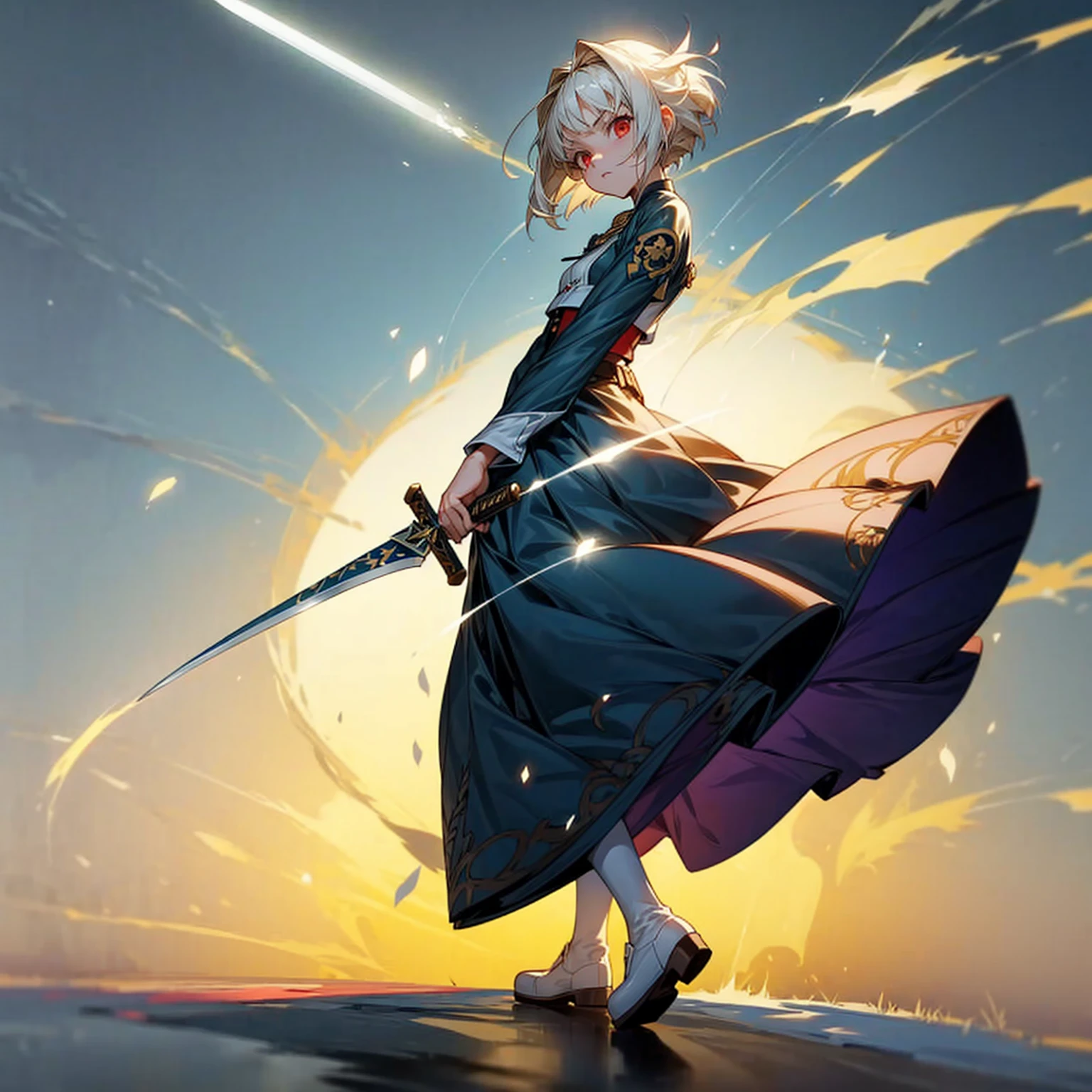 1girl, Full body version, 1character, light red eyes color, white skin, short hairstyle, white colour hair, saber style clothing, Long skirt, long socks, long boots, dagger knife in hand, full background, Grassroots background in village, motion blur, shadow, battle gesture, (one piece style art)