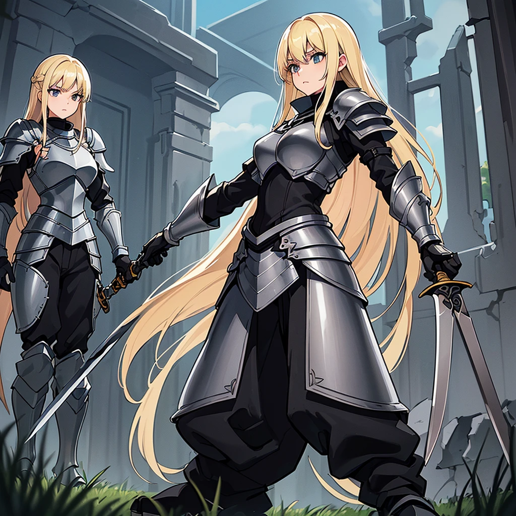 (((Solo)))、Best illustrations、Best Quality、(Full body character concept、detailed)、(((Simple grey armor、Black trousers、Black gloves、woman、18-year-old、Blonde、Long Hair)))、(((Grab the sword、Get Ready)))、(From below)、(Old ruins、Grass)