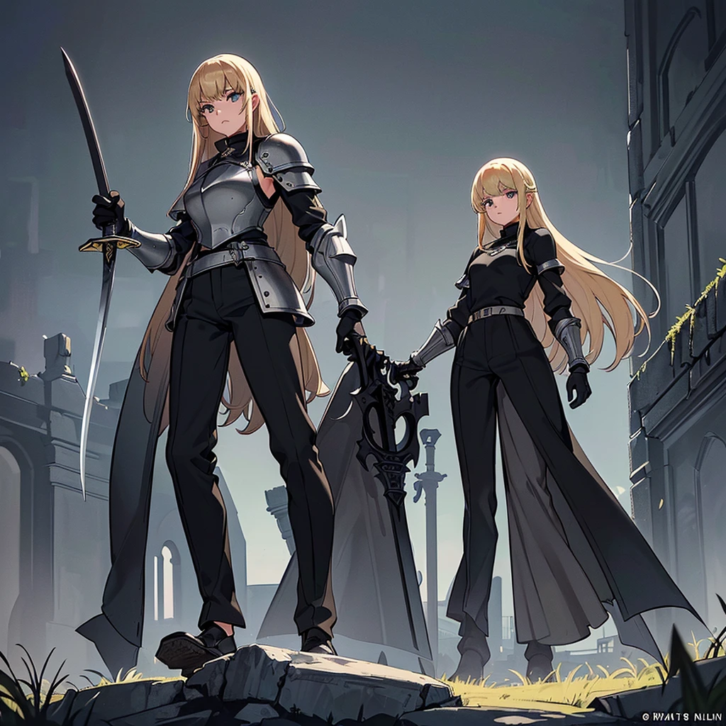 (((Solo)))、Best illustrations、Best Quality、(Full body character concept、detailed)、(((Simple grey armor、Black trousers、Black gloves、woman、18-year-old、Blonde、Long Hair)))、(((Grab the sword、Get Ready)))、(From below)、(Old ruins、Grass)