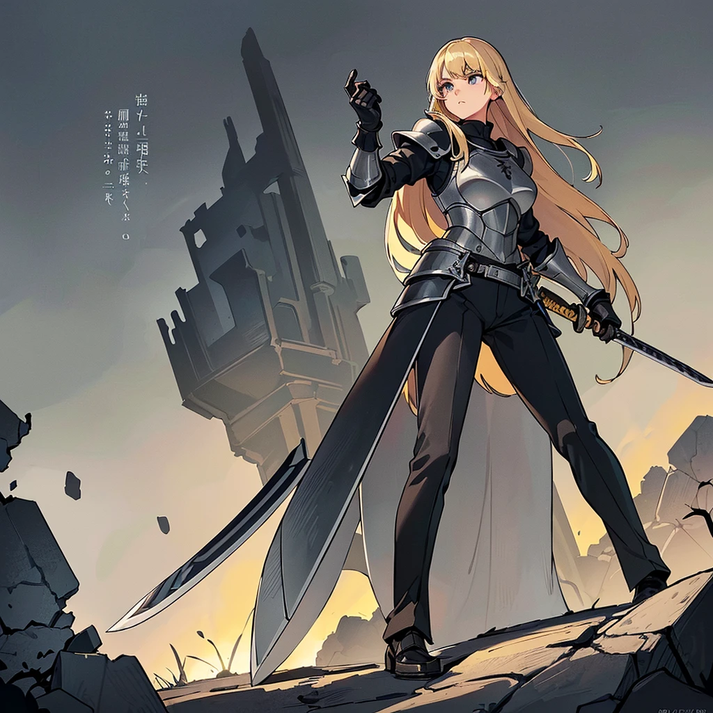 (((Solo)))、Best illustrations、Best Quality、(Full body character concept、detailed)、(((Simple grey armor、Black trousers、Black gloves、woman、18-year-old、Blonde、Long Hair)))、(((Grab the sword、Get Ready)))、(From below)、(Old ruins、Grass)