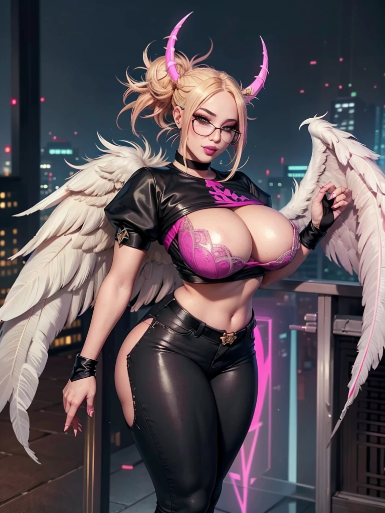 beautiful face, pink eyes, Loving eyes, devil, together, strict face, evil smile,realisticlying,22yo girl,Blonde short、big body, sexy lingerie lace black ,perfect eyes, hair bunches、very very long hair, ultradetailed hair, body nylon sexy, Breasts enlarged、 big body, blonde, woman 1.90 CM,ponytail, ((hair over eyes)),perfect mouth, massive big bounce oppai, WET SKIN, (masterpiece, best quality:1.2), 1girl, solo, city background, haze \(fortnite\), Harpy Haze From fortnite, 1girl, earrings, glasses, hat, jewelry, lips, long hair, looking at viewer, makeup, nail polish, pink eyes, pink hair, pink nails, smile, sunglasses, tinted eyewear, belt, black pants, crop top, eyeshadow, midriff, navel, pants, choker, fingernails, round eyewear, sharp fingernails, standing, black feathers, black headwear, hoop earrings, horned headwear, horns, denim, winged arms, feather trim, star \(symbol\), elbow gloves, dark pink lips, feathers, heels, shoes, angel wings, bangle, black wings, crop top overhang, feathered wings, harpy, low wings, multicolored hair, multicolored wings, pink wings, wings, fingerless gloves, shirt, long fingernails, boater hat, bootcut pants, leather pants, sleeves, black sleeves,massive big bounce oppai,massive big bounce oppai,massive big bounce oppai,