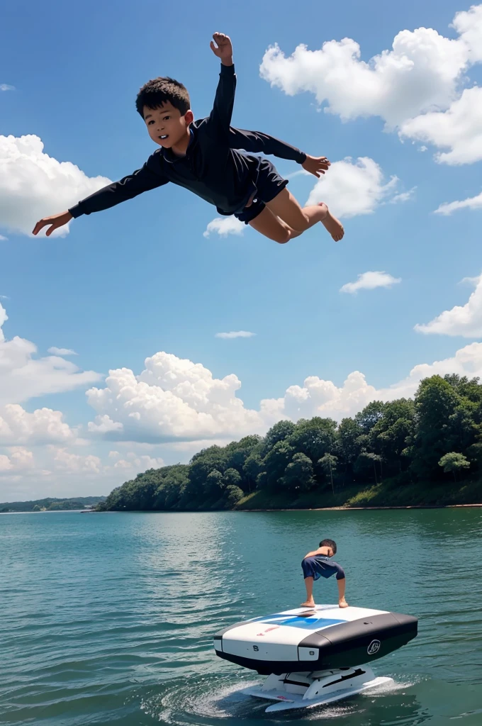 A boy flying on flying board not real