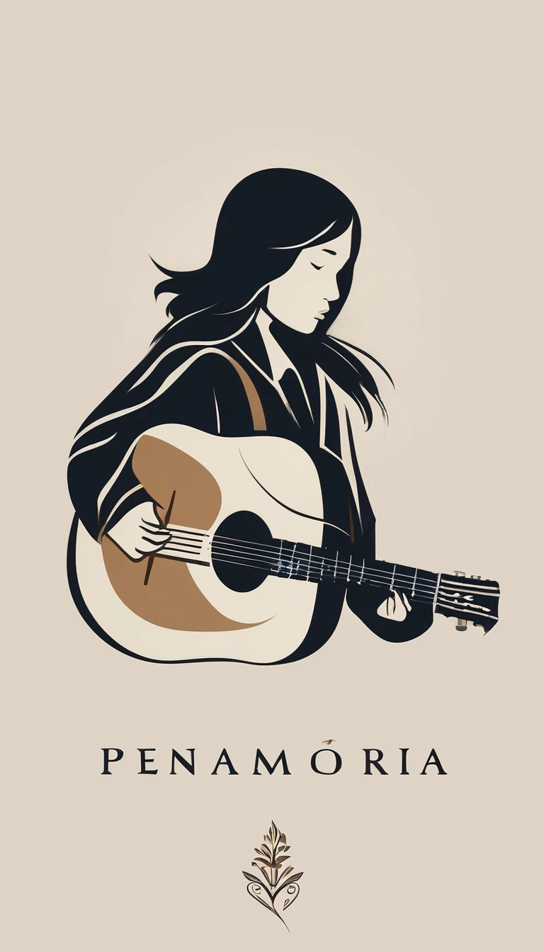 A minimal, modern, simple, cinematic logotype for the brand “Penamemoria". The logotype must be a simple, magical feather and a boy playing acoustic guitar. The logo must convey a sense of music, stories and dreams. Logo design impressed on a book cover. Minimalistic logo