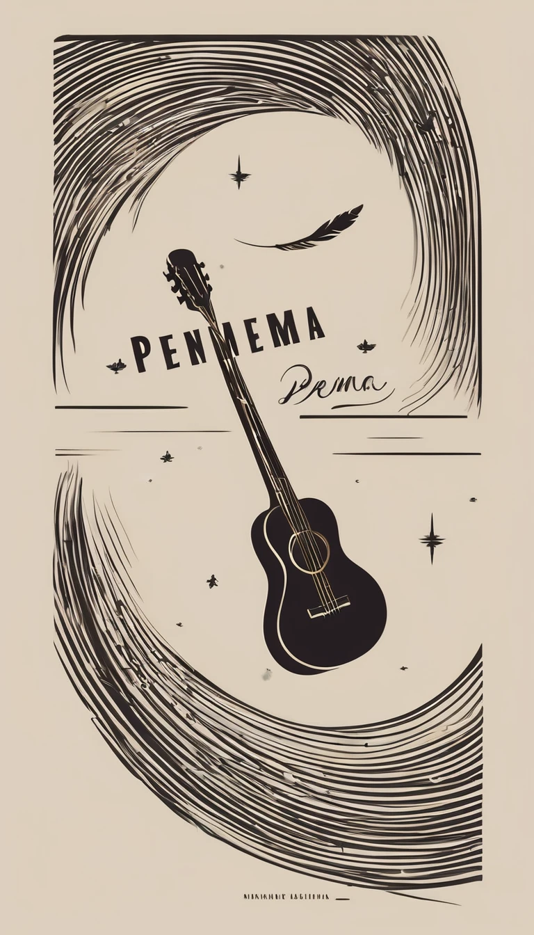 A minimal, modern, simple, cinematic logotype for the brand “Penamemoria". The logotype must be a simple, magical feather and a boy playing acoustic guitar. The logo must convey a sense of music, stories and dreams. Logo design impressed on a book cover. Minimalistic logo