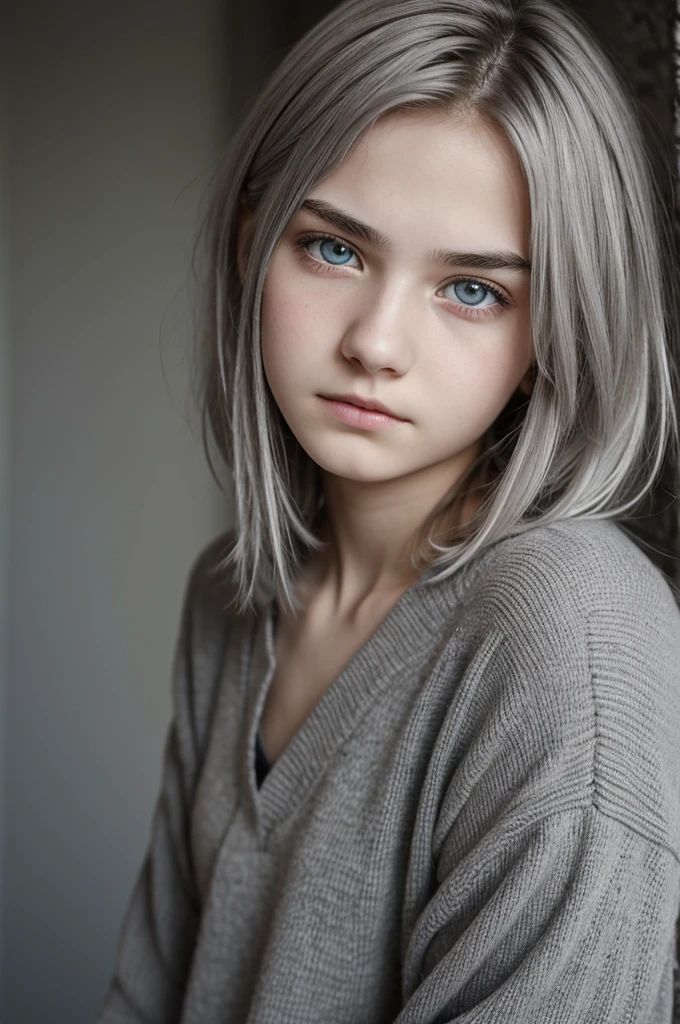 Teenager with light gray eyes, short messy dull gray hair and pale skin with indifferent expression 