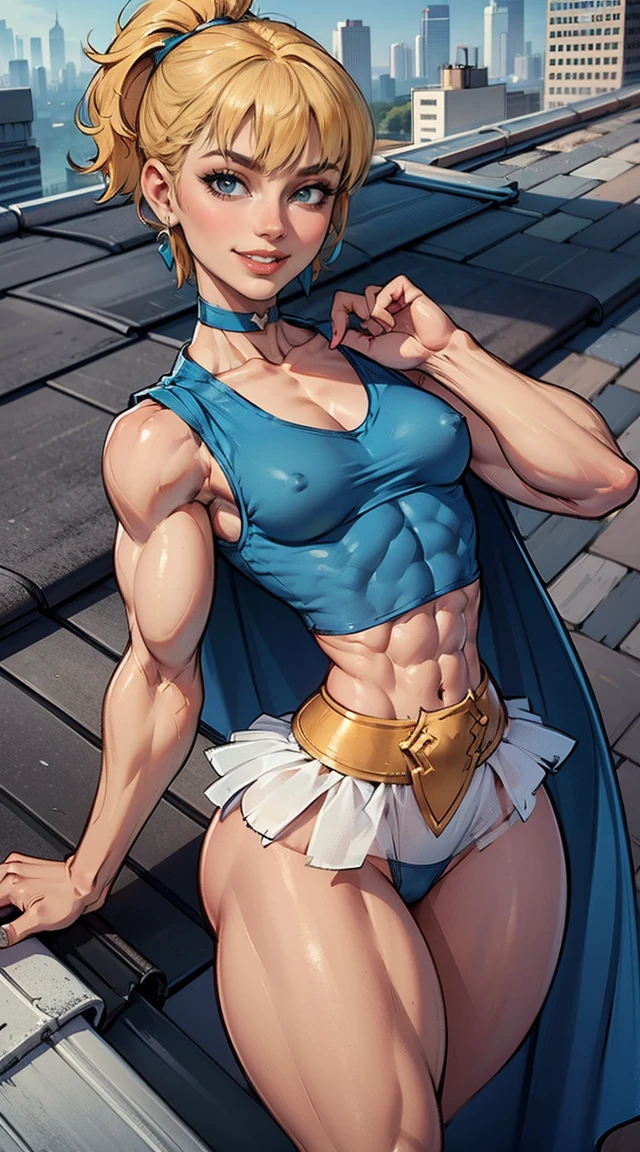 (Muscular:1.9), (thick thighs:1.8),
blonde female, (supergirl:1.2), (big smile:1.7), (blunt bangs), (ponytail:0.8),
earrings, lipstick, eyeshadow,
hard nipples, (small breasts:2),
(blue sleeveless tanktop, midriff, tutu:1.9), (small cape:1.3), (choker:1.2), (active pose:1.5),
looking at viewer, three quarter view, (upper body view),
(rooftop, skyline background:1.3), rim lighting, two tone lighting, dim lighting, bokeh, detailed skin, detailed eyes