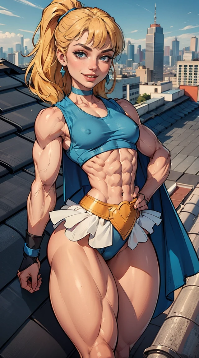 (Muscular:1.9), (thick thighs:1.8),
blonde female, (supergirl:1.2), (big smile:1.7), (blunt bangs), (ponytail:0.8),
earrings, lipstick, eyeshadow,
hard nipples, (small breasts:2),
(blue sleeveless tanktop, midriff, tutu:1.9), (small cape:1.3), (choker:1.2), (active pose:1.5),
looking at viewer, three quarter view, (upper body view),
(rooftop, skyline background:1.3), rim lighting, two tone lighting, dim lighting, bokeh, detailed skin, detailed eyes