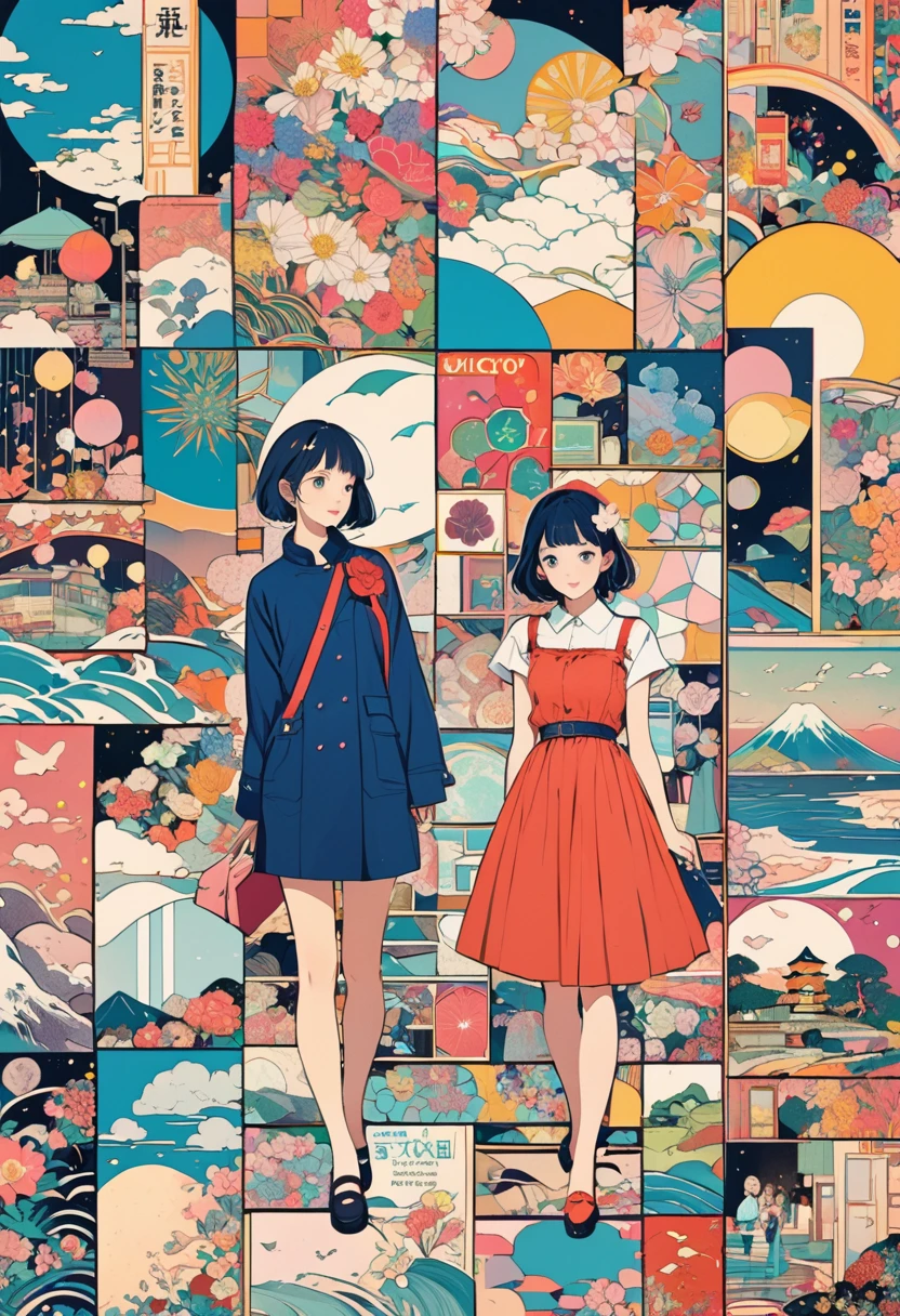 flat color,there is a girl standing in front of a collage of pictures,collage artwork, nostalgic melancholic artwork, collage art, japanese magazine collage, inspired by Victo Ngai cmyk palette, collage art background, a contemporary artistic collage,