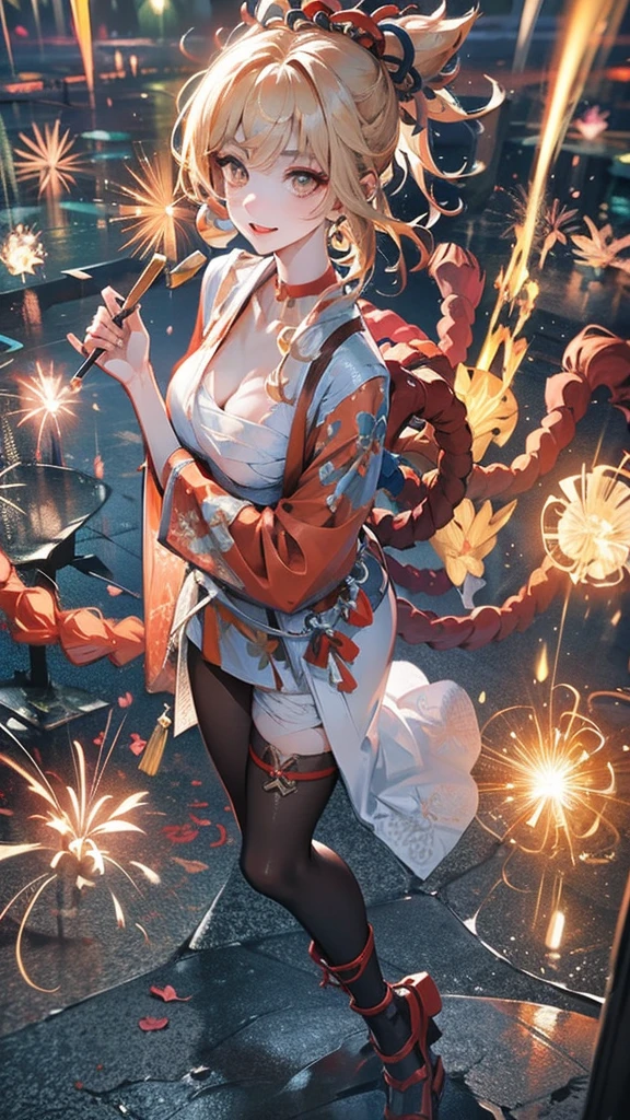 best quality，masterpiece，Implications，Extremely refined，The content is very detailed，CG，Unite，8k wallpaper，amazing，detailed，masterpiece，best quality，Official Art，Very detailed CG Unite 8k wallpaper，absurd，Incredibly ridiculous resources，Huge file size，Super detailed，high resolution，The content is very detailed，Beautiful and delicate girl，非常detailed眼睛和脸部，Beautiful and delicate eyes，There is light on the face，（Hanfu：1.1），1 girl，Full body female，Full body female，Taking Pictures，1 girl，Solitary，black hair color，White Dress，，White thighs，lake，moisture，Blonde hair