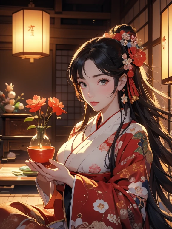 (Highest quality、masterpiece、High resolution、8K)、Ukiyo-e、Vibrant colors、Utamaro、Edo Period、Flowers of Yoshiwara、1 flower kui、whole body、Japanese-style room、It is a tatami room.、There is a lantern、Utamaroの絵のモデル、The courtesan&#39;s hair is black and beautiful、Decoration、hairpin、Hairpin、comb、The kimono is white with red floral patterns、Sitting、Sitting sideways、The kimono has been flipped up, exposing some bare skin.、One hand is holding a fan open、Details of the model&#39;s gestures and facial expressions、Official Art、Detailed CG、