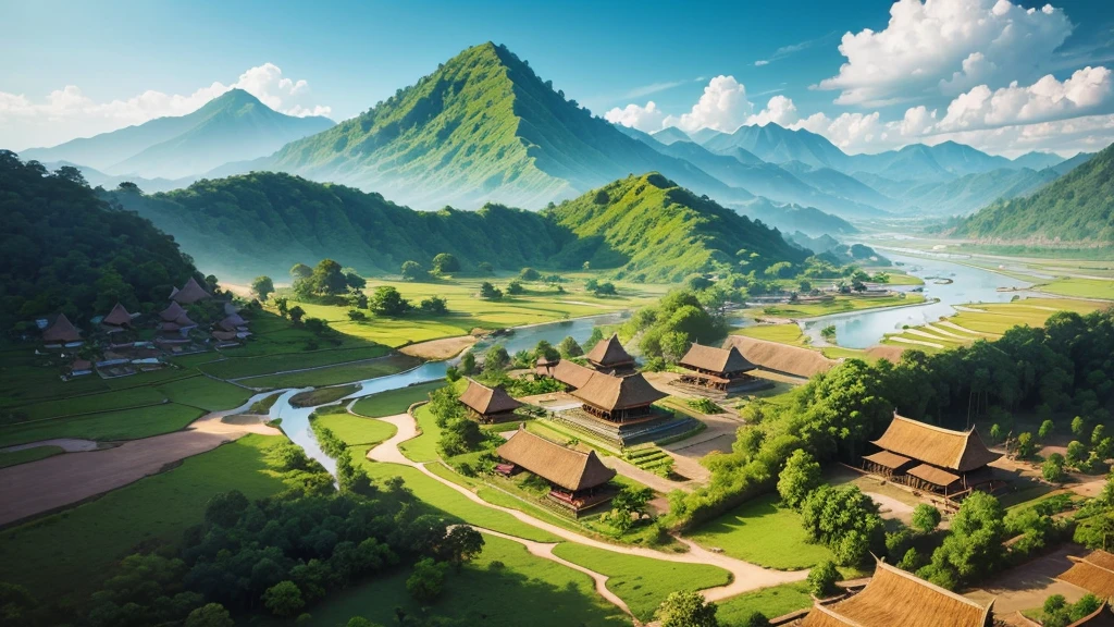 Beautiful scenery of Indonesian ancient village. Seen from above, realistic photo. high definition