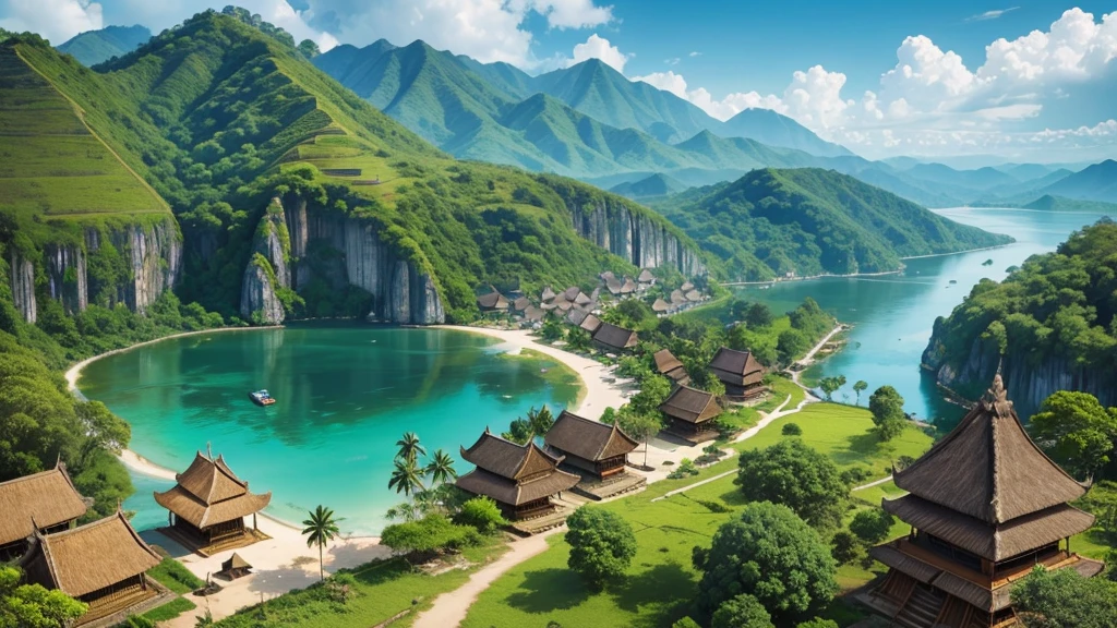 Beautiful scenery of Indonesian ancient village. Seen from above, realistic photo. high definition