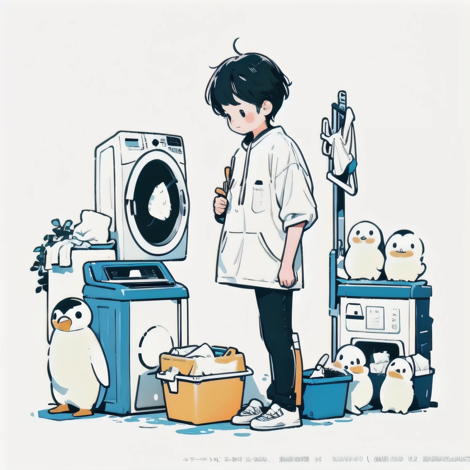 White background only、Perfect One Penguin、(((The perfect washing machine)))、Highest quality、1 boy、Laundry basket