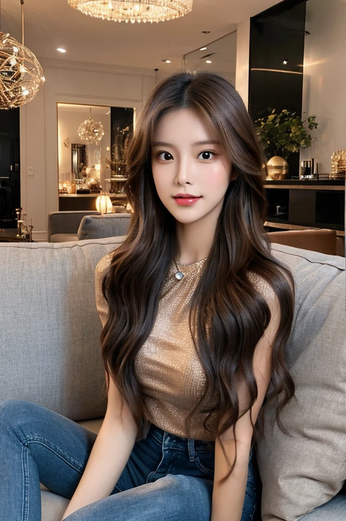 Generate an image of a stunning 20-year-old Asian woman with beauty akin to a goddess of the fire element. She has big brown eyes, dark brown hair, glowing skin, and an attractive appearance. She is wearing a beautiful top paired with blue skinny jeans. The woman is sitting sweetly on a living room sofa, her posture relaxed and inviting, surrounded by cozy and elegant decor.