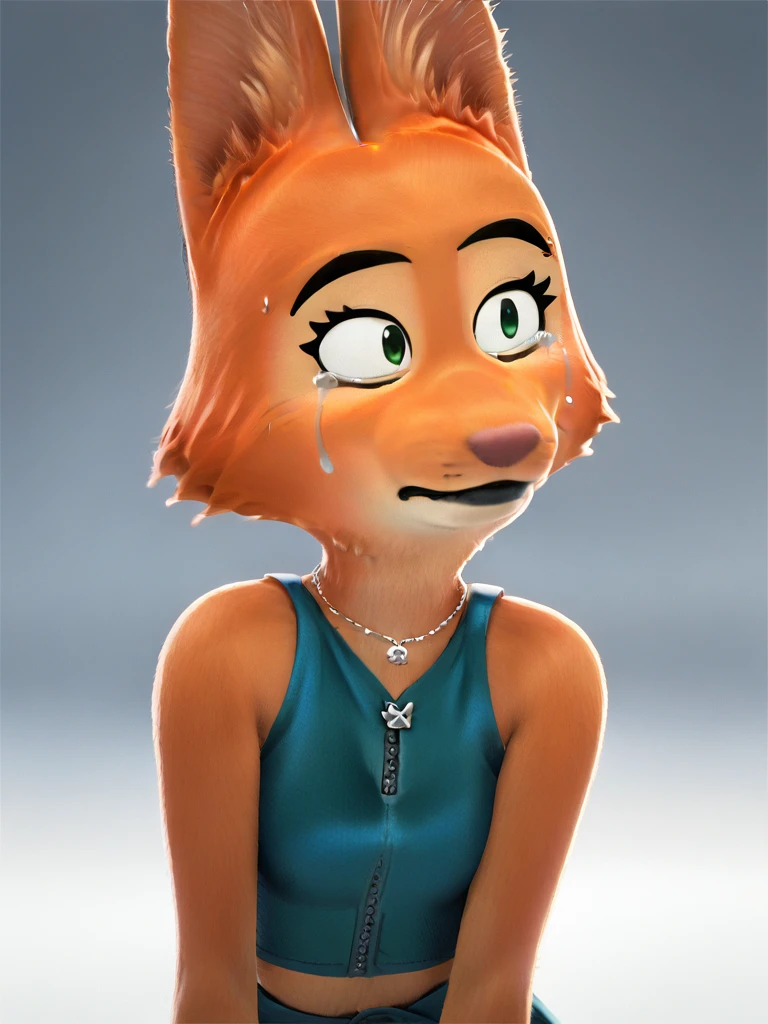 score_9, score_8_up, score_7_up, score_6_up, score_5_up, score_4_up, 
Diane_Foxington, ginger fur, emerald eyes, black lipstick, black eyebrows, fox tail, Green crop top, Sad, Crying tears, looking sideways , sitting down
