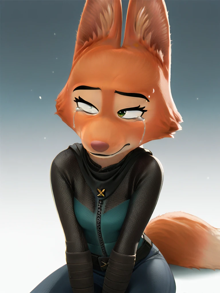 score_9, score_8_up, score_7_up, score_6_up, score_5_up, score_4_up, 
Diane_Foxington, ginger fur, emerald eyes, black lipstick, black eyebrows, fox tail, Green crop top, Sad, Crying tears, looking sideways , sitting down
