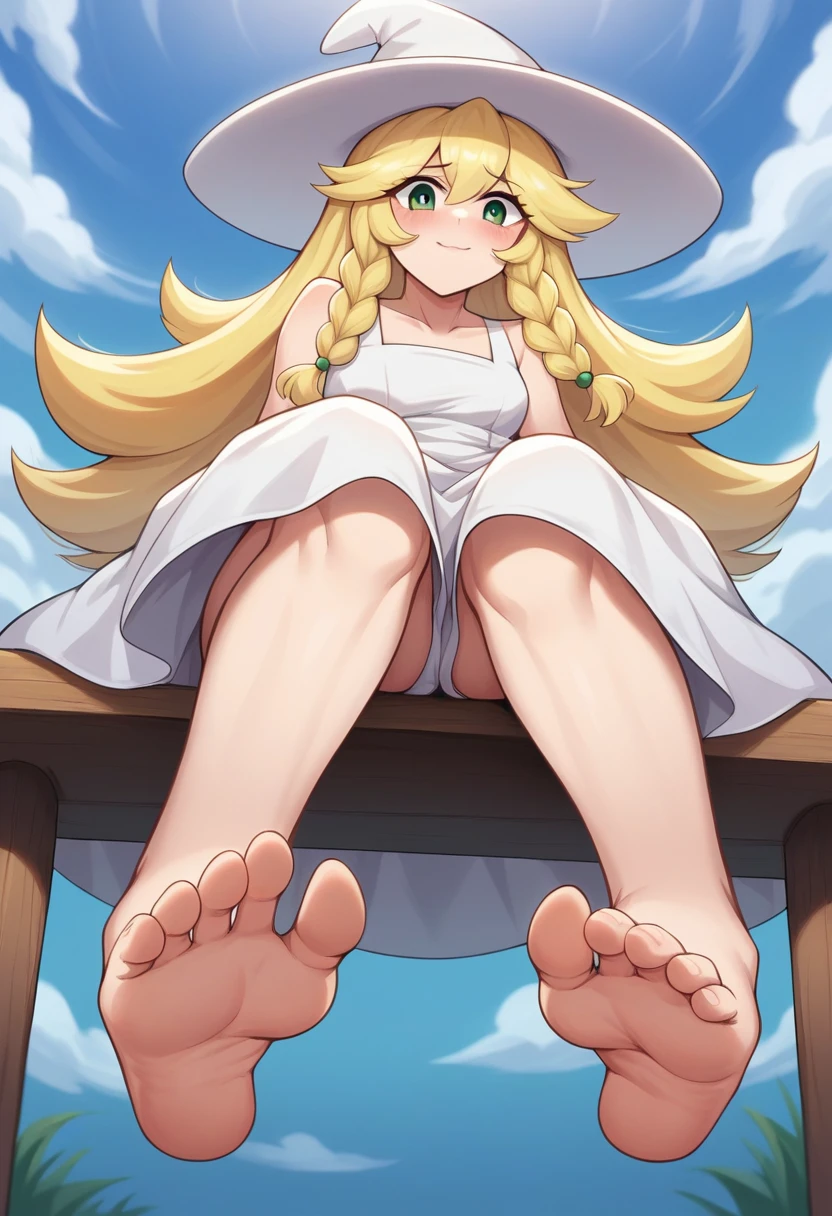 Masterpiece, Best Quality, high resolution, pier and sea in the background, a woman, alone, Green eyes, long hair, yellow hair, with braids,nervous look, blushing, sitting on the dock, smiling, (millie) (pokemon), (golden comb in hair), long white dress, a big white hat, bare legs, stretched and separated, barefoot, hanging suns , head on, (soles), (View from below) pies head on