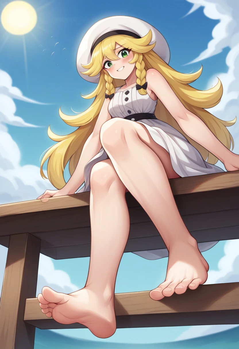 Masterpiece, Best Quality, high resolution, pier and sea in the background, a woman, alone, Green eyes, long hair, yellow hair, with braids,nervous look, blushing, sitting on the dock, smiling, (millie) (pokemon), (golden comb in hair), long white dress, a big white hat, bare legs, stretched and separated, barefoot, hanging suns , head on, (soles), (View from below) pies head on 