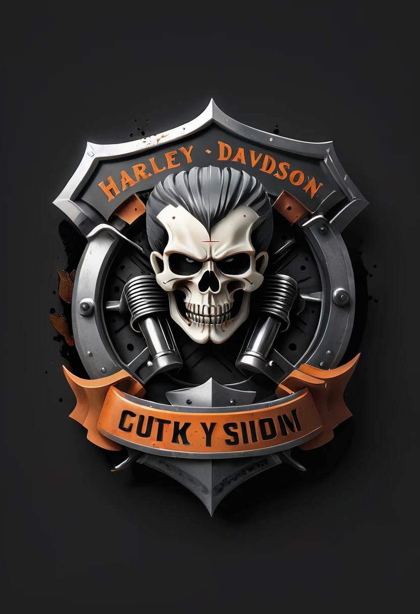Harley Davidson logo design,t shirt design,beefy style,design only,white background,no model,professional,high contrast,high-res,ultra-detailed,vivid colors,metallic accents,sharp focus,edgy,dynamic composition,gritty texture,rough brush strokes,mechanical elements,chrome effect,classic typography,retro style,distressed look,aggressive lines and curves,3D rendering,striking visual impact,dark shadows,strong branding presence,monochromatic palette,industrial aesthetic
