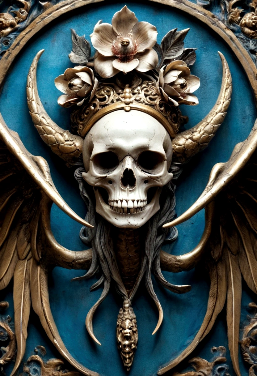 hyperrealistic art.4D.masterpiece,golden shield logo render, bettafish emas,angry expression,caudal expands,with traditional Balinese carving elements,giant winged barong,big eyes,long tongue,with headdress,frangipani flower,skull,temple as background,fish detail facing camera left,sturdy body with a special abstract scale pattern,barbed tail,blue bright water,Dark Gothic style.dramatic,artistic,aesthetic.