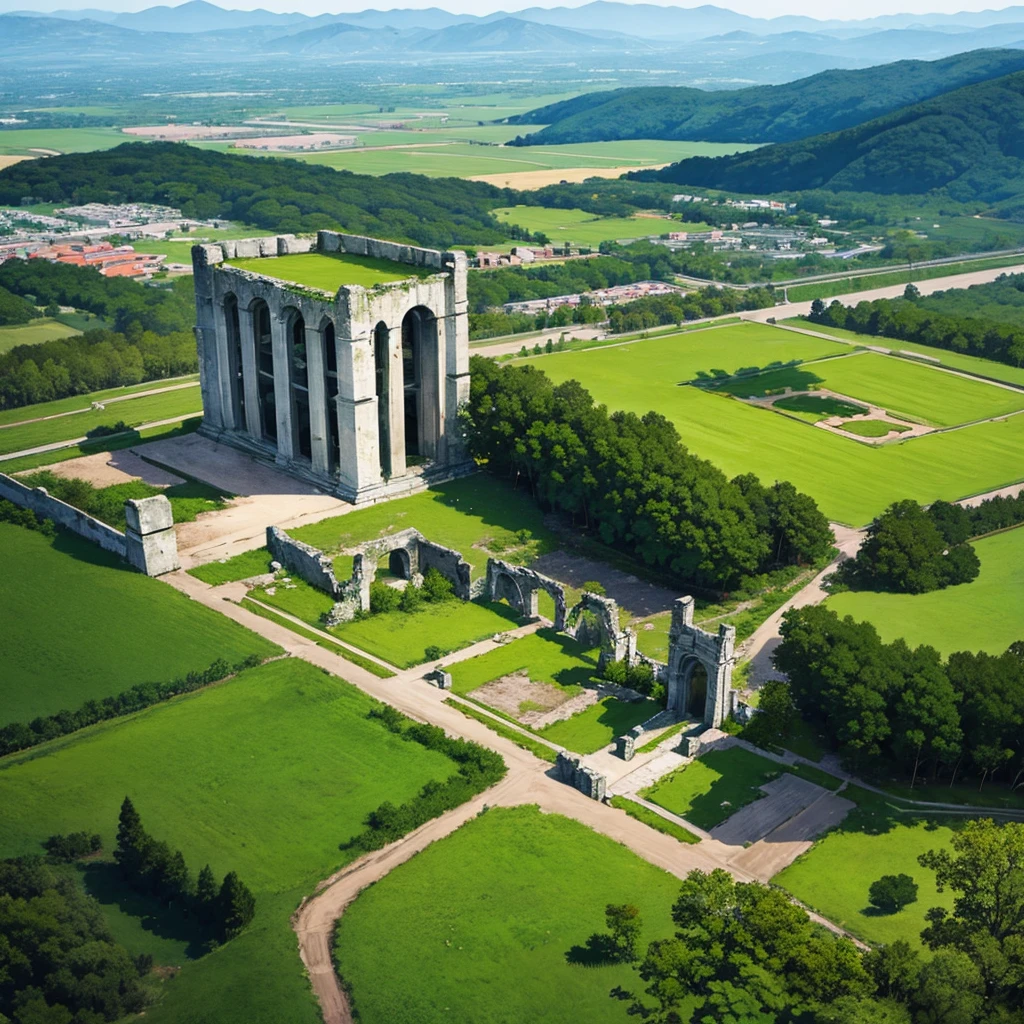 (((No humans)))、Best illustrations、Best Quality、、(From above at an angle)、(Old ruins、Grass)
