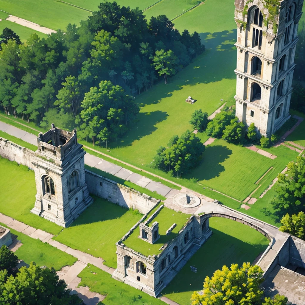 (((No humans)))、Best illustrations、Best Quality、、(From above at an angle)、(Old ruins、Grass)