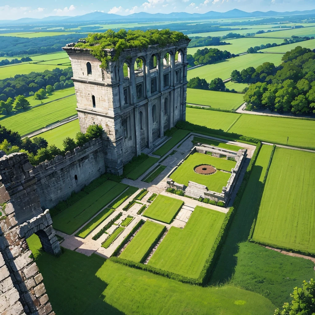 (((No humans)))、Best illustrations、Best Quality、、(From above at an angle)、(Old ruins、Grass)