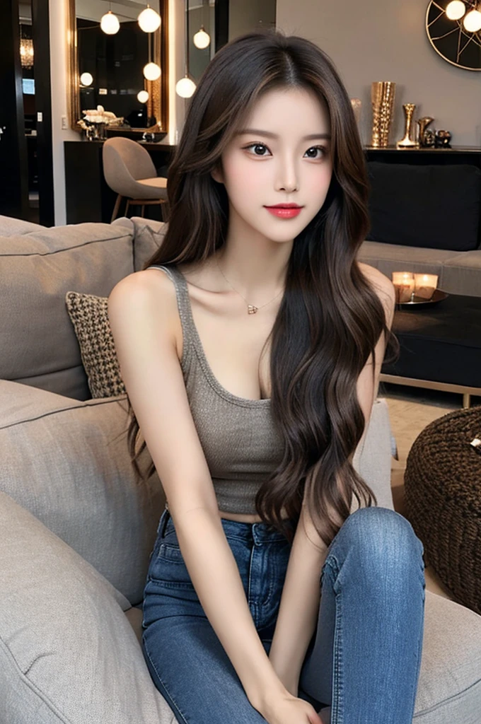 Generate an image of a stunning 20-year-old Asian woman with beauty akin to a goddess of the fire element. She has big brown eyes, dark brown hair, glowing skin, and an attractive appearance. She is wearing a beautiful top paired with blue skinny jeans. The woman is sitting sweetly on a living room sofa, her posture relaxed and inviting, surrounded by cozy and elegant decor.