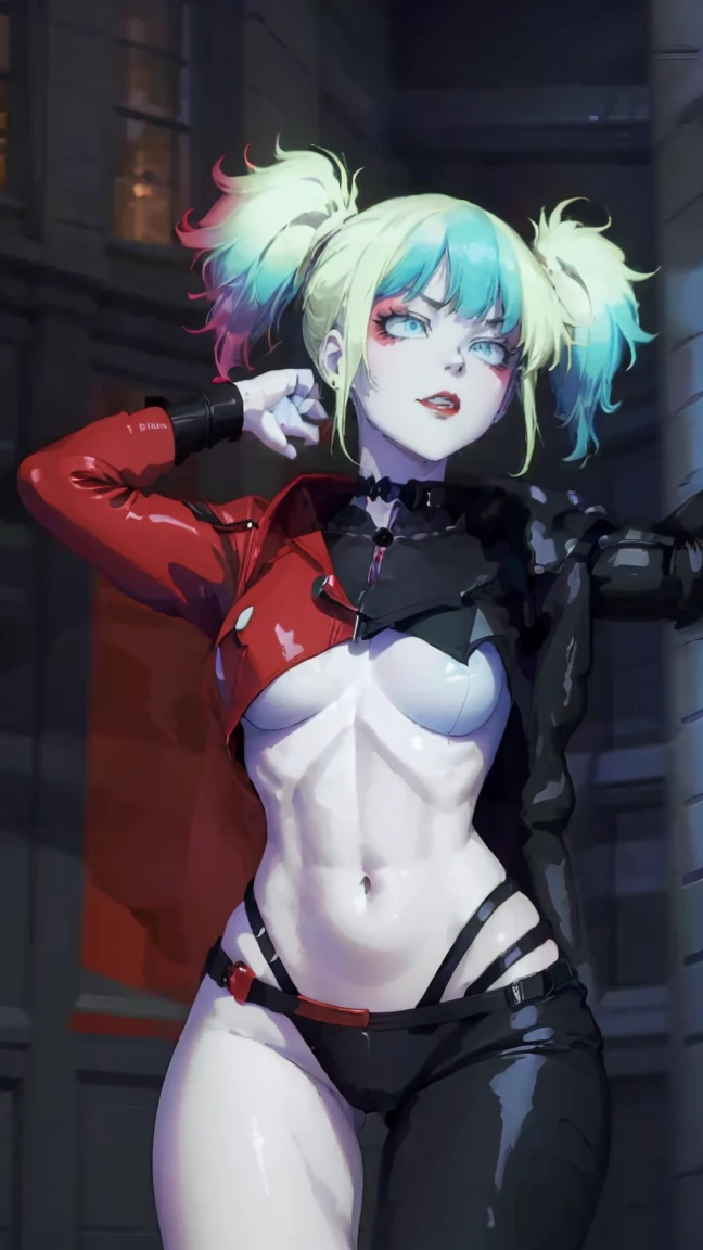 masterpiece, Portrait of a girl, emphasis on the face, Best quality, Super detailed, illustration, beautiful detailed eyes, full length, ((distant view, wide angle 1.31)), On the outside, young woman, Harley Quinn, intricate design, complex shaped lace tights, two hair tails (blue and red tail), sexual, Face to face, split, full length (full body 1.1.), very feminine, fighting stance, (masterpiece), magic photography, Spectacular lighting, Photorealism, ultra detailed, intimate portrait composition, 1. 4,8 k UHD, aesthetic, Cd., A high resolution, 8 k, better lighting, Best shade, Ultra-HD, A high resolution, sharp focus, Complex background, Cinematic lighting, ((Landscape view)), 4K block, (better lighting), ((Cinematic lighting)),