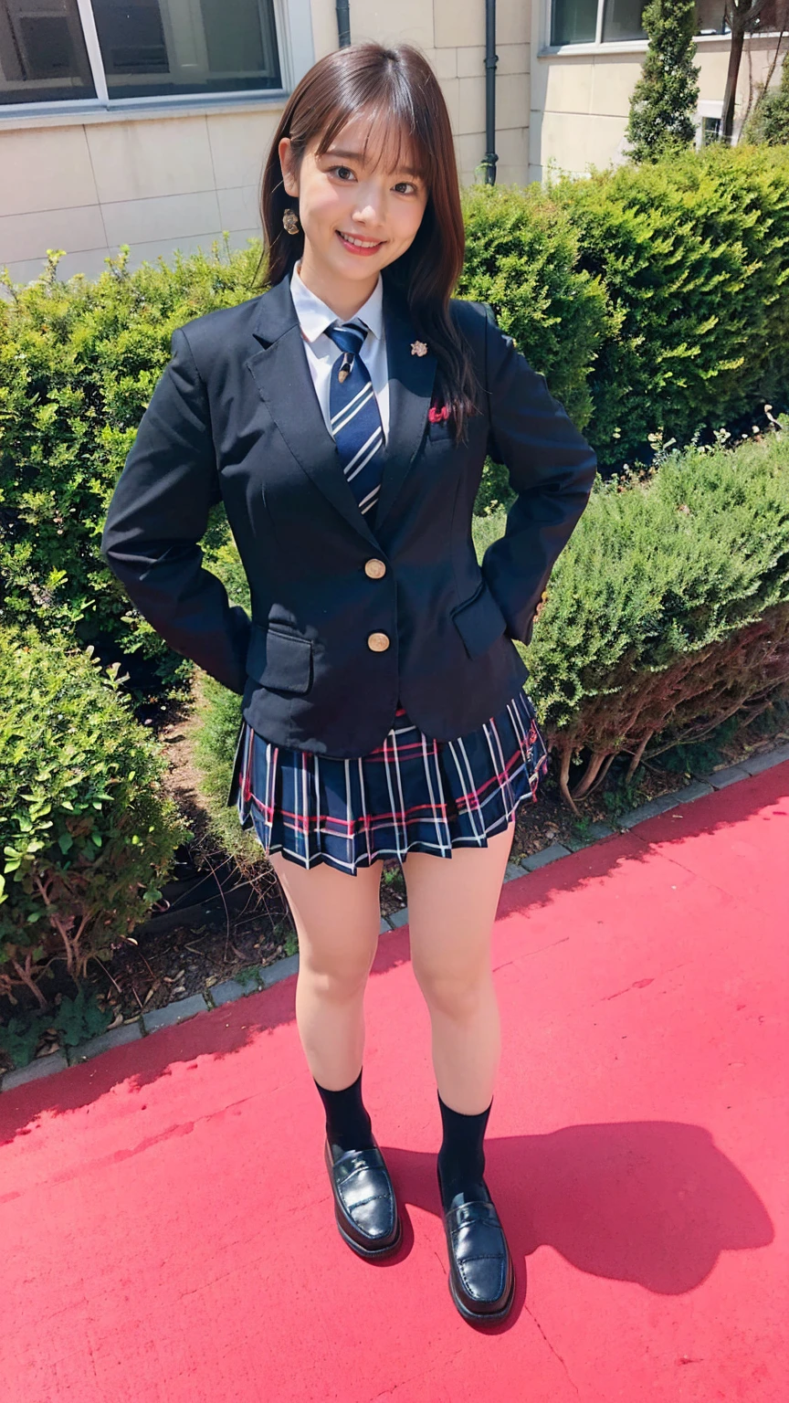 (8K、RAW Photos、Highest quality、masterpiece:1.2)、(Realistic、Realistic)、1 Girl、((Black Check Mini Skirt、High School Uniform、smile、blazer、Navy Socks、loafers、Medium Hair、garden、View from the front、Looking into the camera、Stand with hands on hips))、cute