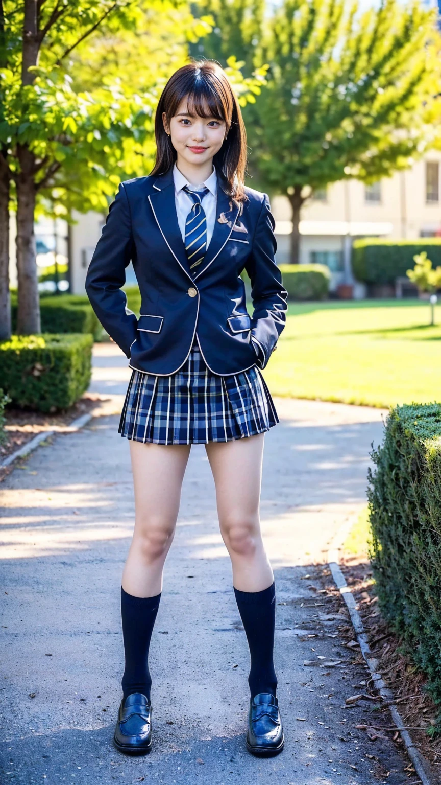 (8K、RAW Photos、Highest quality、masterpiece:1.2)、(Realistic、Realistic)、1 Girl、((Black Check Mini Skirt、High School Uniform、smile、blazer、Navy Socks、loafers、Medium Hair、garden、View from the front、Looking into the camera、Stand with hands on hips))、cute