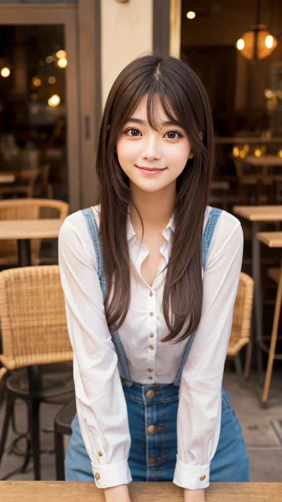 Cute girl working at a cafe terrace　Japanese　１９age　
Professional Lighting　Digital SLR　Beautiful and elaborate face　Perfect and beautiful face　Big eyes Smile