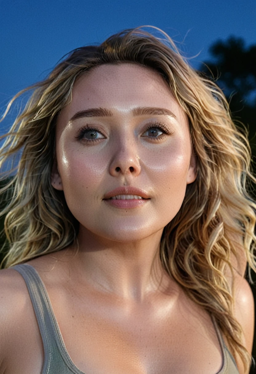 (RAW style, masterpiece, best quality, ultra-detailed), 28 years old Elizabeth Olsen posting outdoor, tank top, big breast, beautiful night, cheerfully and happy, clear sky, analog style, (skin texture, film grain), cinematic light, sidelighting, ultra high res